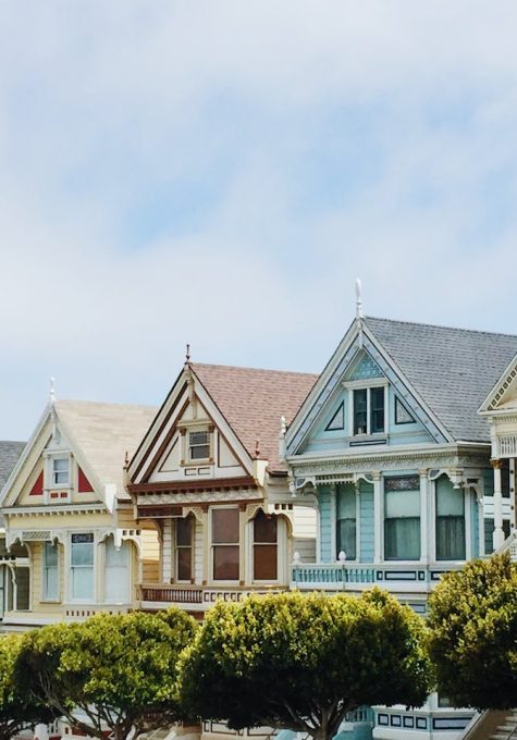 Iconic Painted Ladies Victorian houses in San Francisco with clear blue skies.